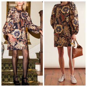 Ulla Johnson Claudine Navy Silk Gold Floral Dress 0 Puff Sleeve Wedding Guest